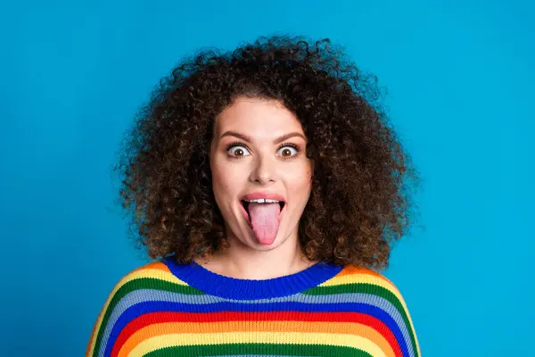 Photo Portrait Attractive Young Woman Stick Tongue Out Naughty Wear — Stock Photo, Image