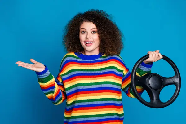 Photo Attractive Young Woman Hold Steering Wheel Shrug Shoulder Dressed — Stock Photo, Image