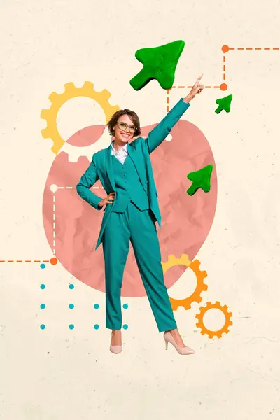 Vertical Abstract Photo Collage Cheerful Lady Create Successful Working Start — Stock Photo, Image