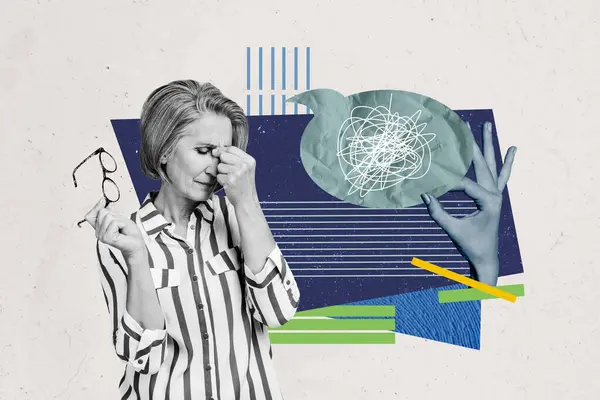 Stresli Kadın Migren Baş Ağrısının Yatay Yaratıcı Fotoğraf Kolajı Resmi — Stok fotoğraf