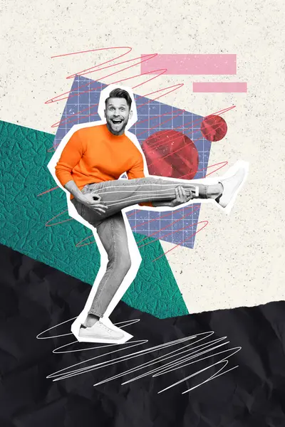 クリエイティブな背景で夢見るギターファンタジョークミュージシャンとして脚で遊ぶ狂気の陽気な男の垂直面白い複合写真コラージュ — ストック写真