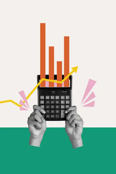 Collage Obraz Pinup Pop Retro Szkic Rąk Trzymać Urządzenie Kalkulator — Zdjęcie stockowe