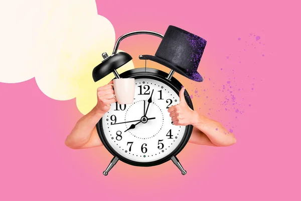 Creative Collage Picture Huge Clock Timer Alarm Human Hands Caricature — Stock Photo, Image