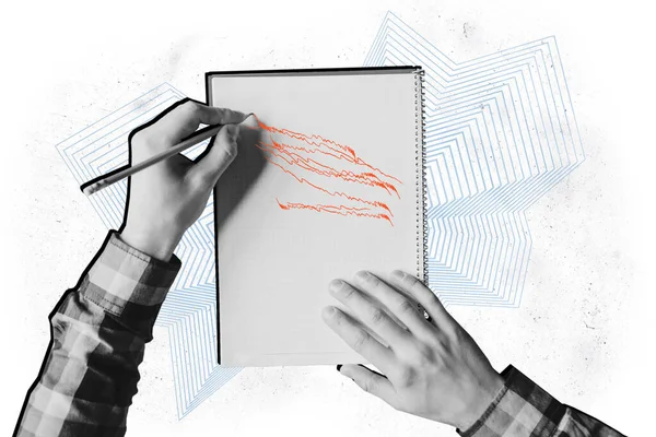 Collage Kreativ Poster Schwarz Weiß Filter Karikatur Menschliche Hände Schreiben — Stockfoto