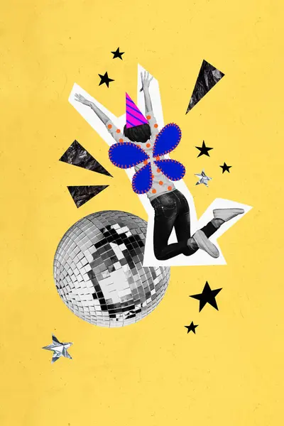 Vertical placard collage greeting card of girl with butterfly wings to take disco ball wearing birthday cone isolated on yellow background.