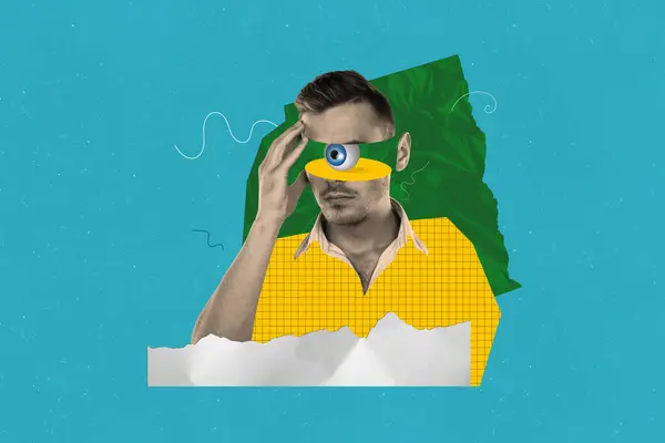 Imagem Colagem Composta Homem Engraçado Corte Cabeça Olho Privacidade Escrutínio — Fotografia de Stock