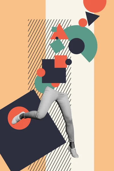 垂直コラージュクリエイティブポスターモノクロ効果半分人間ジャンプラン抽象奇妙なシュレアリズムのカラフルな背景 — ストック写真