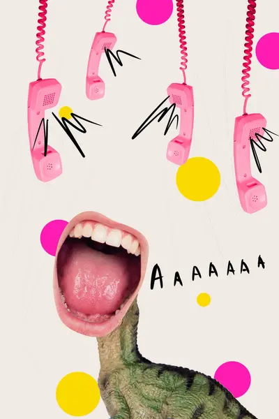 Vertical collage creative poster caricature abstract dinosaur tyrannosaurus scream headless letters retro telephone template.