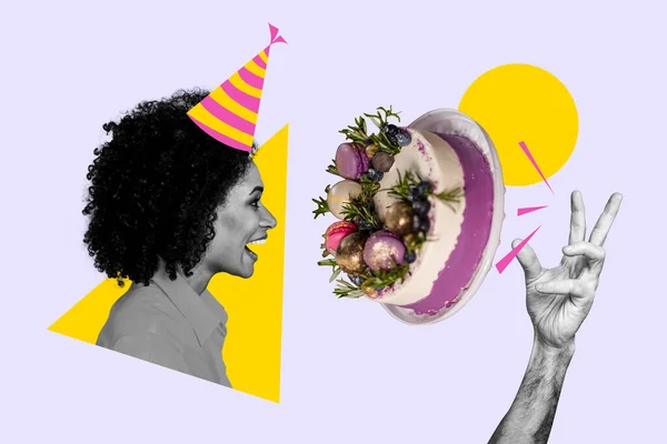 Photo Image Collage Happy Birthday Celebration Throwing Sweet Cake Face — Stock Photo, Image