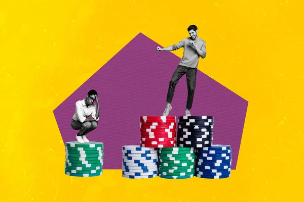 Mutlu Adamın Kolaj Resmi Çip Poker Temalı Zafer Dansını Kutluyor — Stok fotoğraf