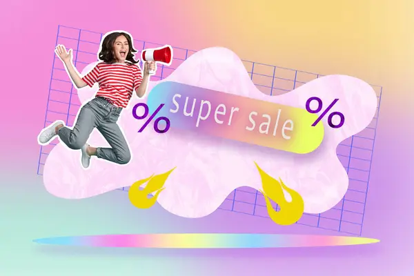 女性の複合コラージュ画像スピーカーショッピングスーパーセールスジャンプ奇妙な奇妙な奇妙なファンタジーの掲示板漫画 — ストック写真