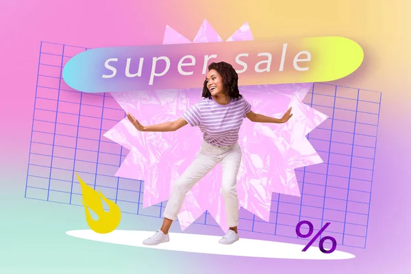 Kreativ Collage Bild Ung Glad Flicka Kvinna Surfbräda Super Försäljning — Stockfoto