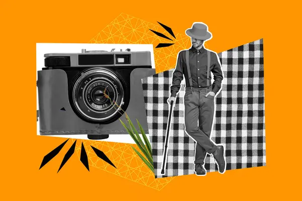 Creative Poster Collage Young Retro Mister Posing Vintage Camera Photographing — Stock Photo, Image