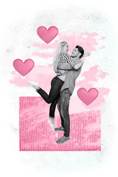 年轻夫妇拥抱的创造性趋势拼贴抚养女孩情人节约会理念告示牌漫画Zine最小的概念 — 图库照片