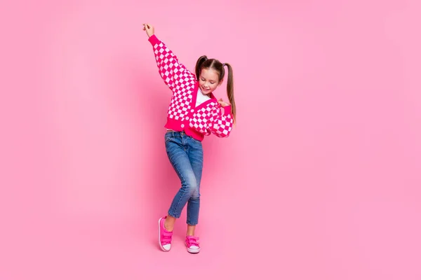Full Size Photo Good Mood Schoolgirl Tails Dressed Strick Cardigan — Stockfoto