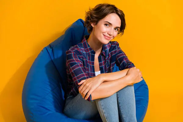 Portrait Gorgeous Adorable Girl Wear Checkered Blouse Sitting Blue Pouf — Stock Photo, Image