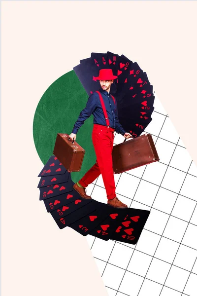 Вертикальный Креативный Плакат Коллажем Идущий Молодой Успешный Богач Портфелями — стоковое фото