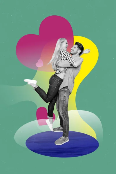 Vertical Creative Collage Image Cute Couple Hug Lift Girlfriend Boyfriend — Stock Photo, Image