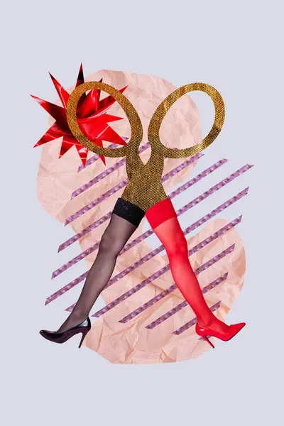 Vertical Collage Image Scissors Black Red Stockings Woman Legs High — Stock Photo, Image