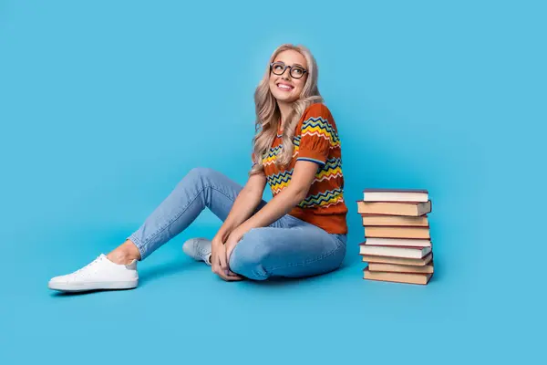 Full Length Photo Thoughtful Dreamy Lady Wear Print Shirt Spectacles — Stock Photo, Image