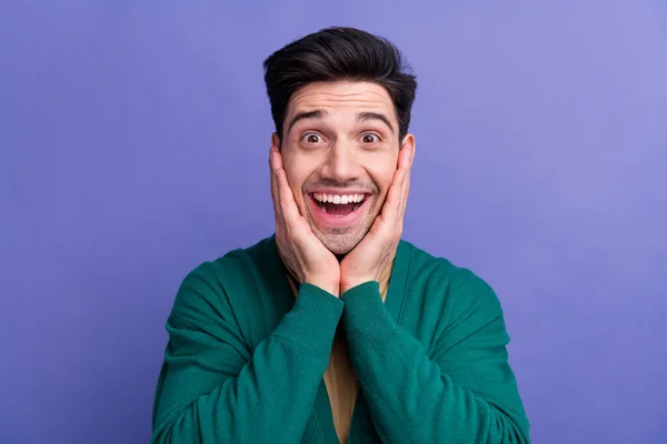 Photo Excited Cheerful Positive Man Wear Stylish Green Clothes Hands — Stock Photo, Image