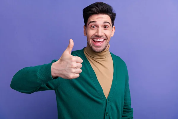 Photo Excited Surprised Cheerful Gentleman Wear Stylish Green Clothes Thumb — Stock Photo, Image