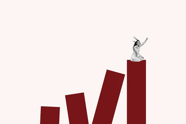 Colagem Cartaz Criativo Engraçado Feminino Subir Escadas Análise Estatística Gráfico — Fotografia de Stock