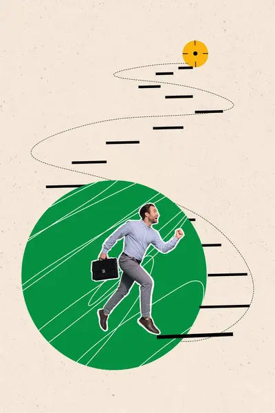 Vertical Creative Collage Image Funny Man Running Stairs Reach Target — Stock Photo, Image