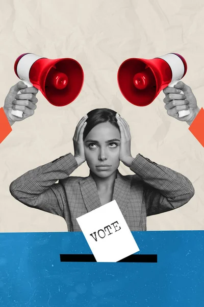 Cartel Creativo Collage Imagen Mujer Irritada Votando Cerca Los Oídos —  Fotos de Stock