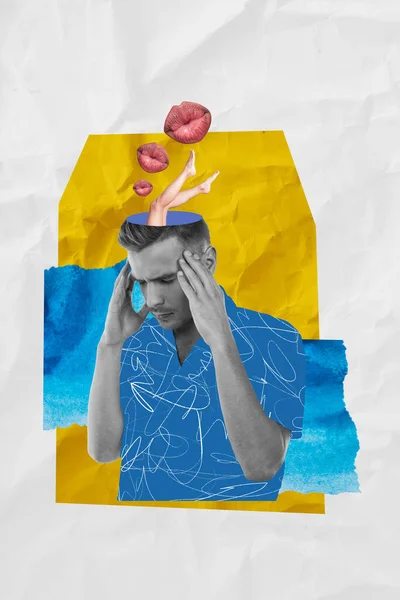 Vertical Collage Artwork Thoughtful Man Touching Temples Thinking His Girlfriend — Stock Photo, Image