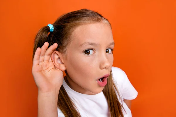 Portrait Impressed Schoolkid Arm Ear Open Mouth Listen Eavesdrop Isolated — Stock Photo, Image