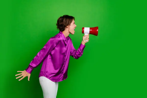 Profile photo of young funny business woman mad hold megaphone scream protest against teammates isolated on green color background.
