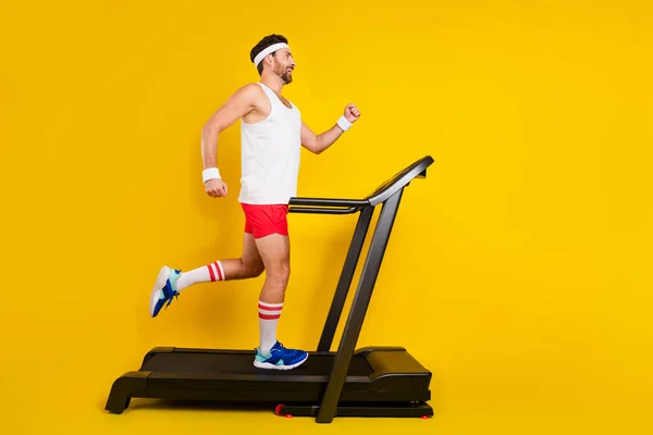 Full Size Profile Photo Determined Positive Person Running Treadmill Equipment — Stock Photo, Image