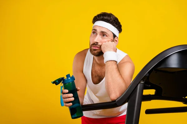 Portrait Minded Exhausted Guy Treadmill Hold Bottle Water Look Empty — Stock Photo, Image