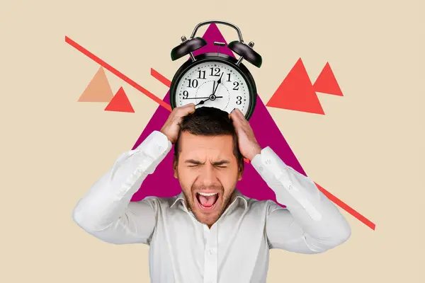 Creative Collage Picture Annoyed Young Businessman Deadline Late Time Management — Stock Photo, Image
