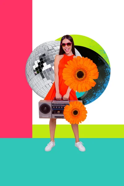 Collage Poster Carefree Excited Cheerful Crazy Modern Girl Holding Speakers — Stock Photo, Image