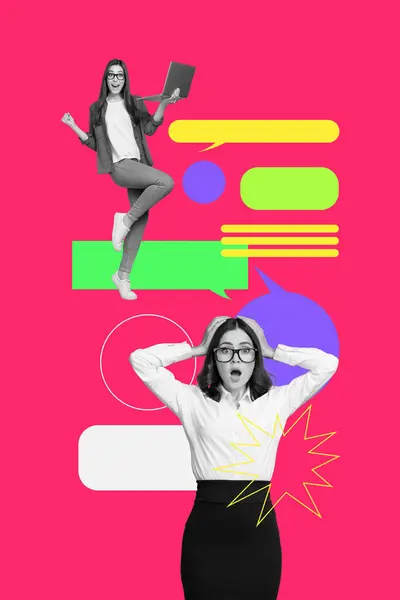 Collage Cartel Creativo Chicas Divertidas Gerente Oficina Comunicación Línea Mensaje —  Fotos de Stock
