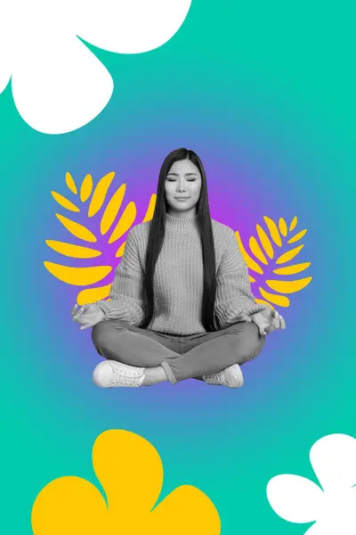 Creative Poster Collage Beautiful Female Meditate Chilling March Woman Day — Stock Photo, Image