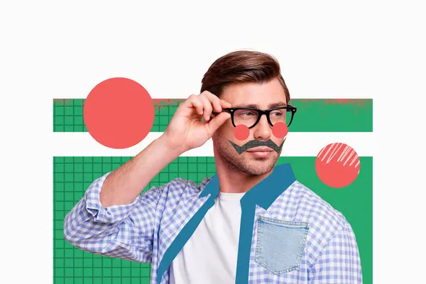 Kreativ Teckning Collage Bild Stilig Rolig Gentleman Mustasch Touch Glasögon — Stockfoto