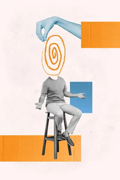 Vertikale Kreative Collage Poster Sitzt Junger Mann Verwirrt Hypnose Spirale — Stockfoto