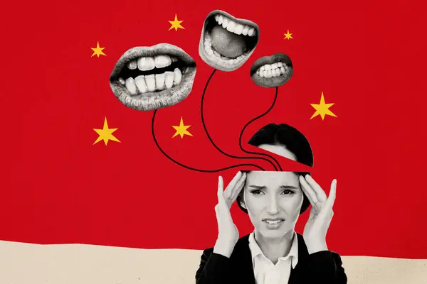 Creative Collage Black White Colors Angry Talking Mouth Stressed Girl — Stock Photo, Image