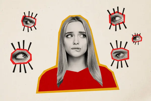 Collage Imagen Imagen Joven Confundido Estrés Chica Sufrir Privacidad Violación —  Fotos de Stock