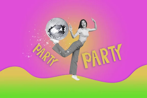 Collage Poster Cheerful Carefree Crazy Girl Dancing Night Club Isolated — Stock Photo, Image