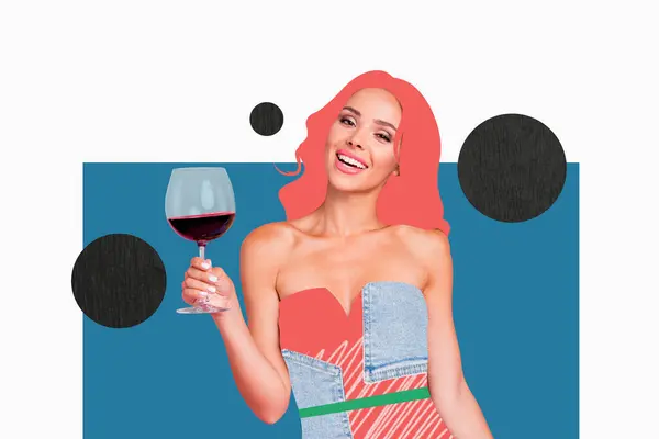 美しいエレガントな女性ホールドワイングラスアルコールの複合コラージュイメージは パーティー奇妙な奇妙な異常なファンタジーを楽しむ — ストック写真