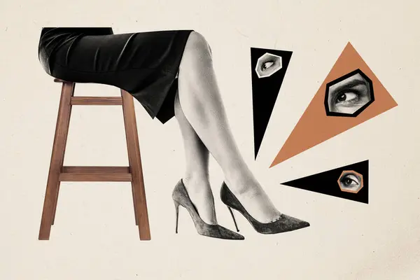 有创意的照片拼贴漂亮的女人腿裙子鞋高跟鞋坐凳子隐姓埋名间谍隐私眼球面对碎片元素 — 图库照片
