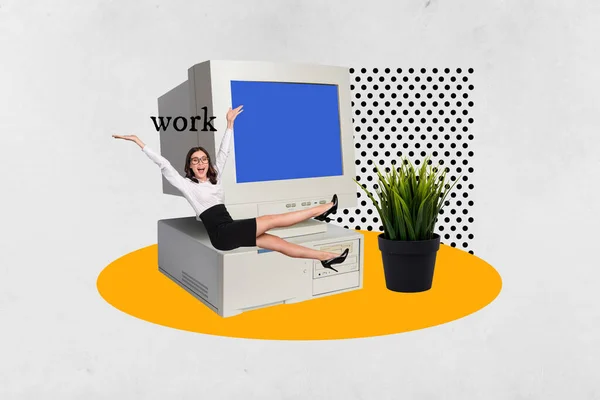 富有创意的拼贴图片说明快乐的魅力快乐的年轻女性写字楼老旧电脑独家模板白色背景 — 图库照片