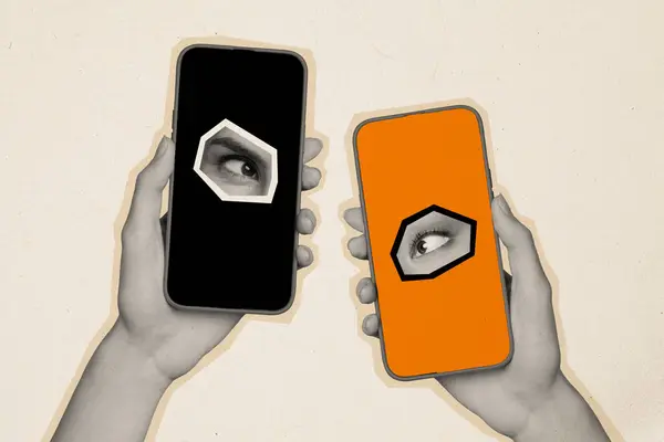 Kolaż Obraz Ramiona Trzymając Dwa Smartfony Oko Fragmenty Twarzy Internet — Zdjęcie stockowe