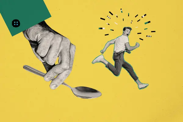 Collage Image Funky Frightened Man Escape Spoon Which Trying Scoop — Stock Photo, Image