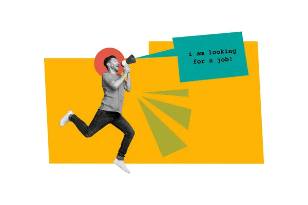 Image Artwork Collage Cheerful Nice Unemployed Man Say Looking Job — Stock Photo, Image