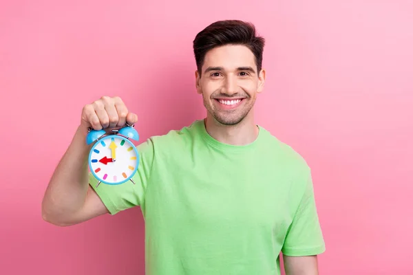 Photo Young Satisfied Man Brunet Hair Model Hold Toy Oclock — Stock Photo, Image